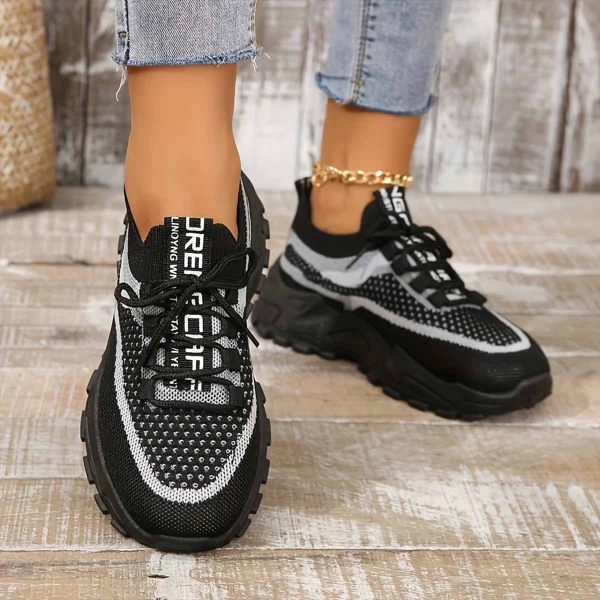Ladies Breathable Mesh Patchwork Chunky Sneakers/Lace Up Height Increasing Platform Walking Shoes Non Slip Shoes