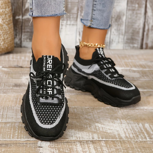 Ladies Breathable Mesh Patchwork Chunky Sneakers/Lace Up Height Increasing Platform Walking Shoes Non Slip Shoes
