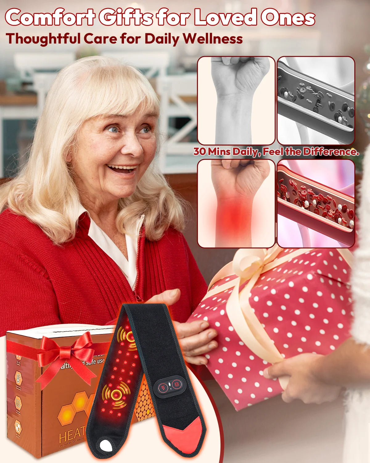 Red Light Therapy Wrap with Heat & Vibration Infrared LED Pad/for Wrist Arm Knee Pain Relief, Cordless Massager 660nm/850nm