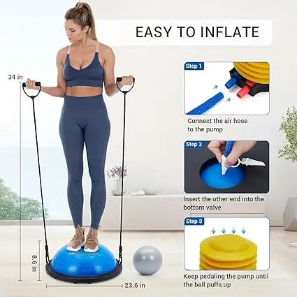 Half Exercise Ball,60Cm Balance Ball Trainer with Non-Slip Base 2 Bands/Pump & Extra Balls For Yoga Workouts Pilates Fitness