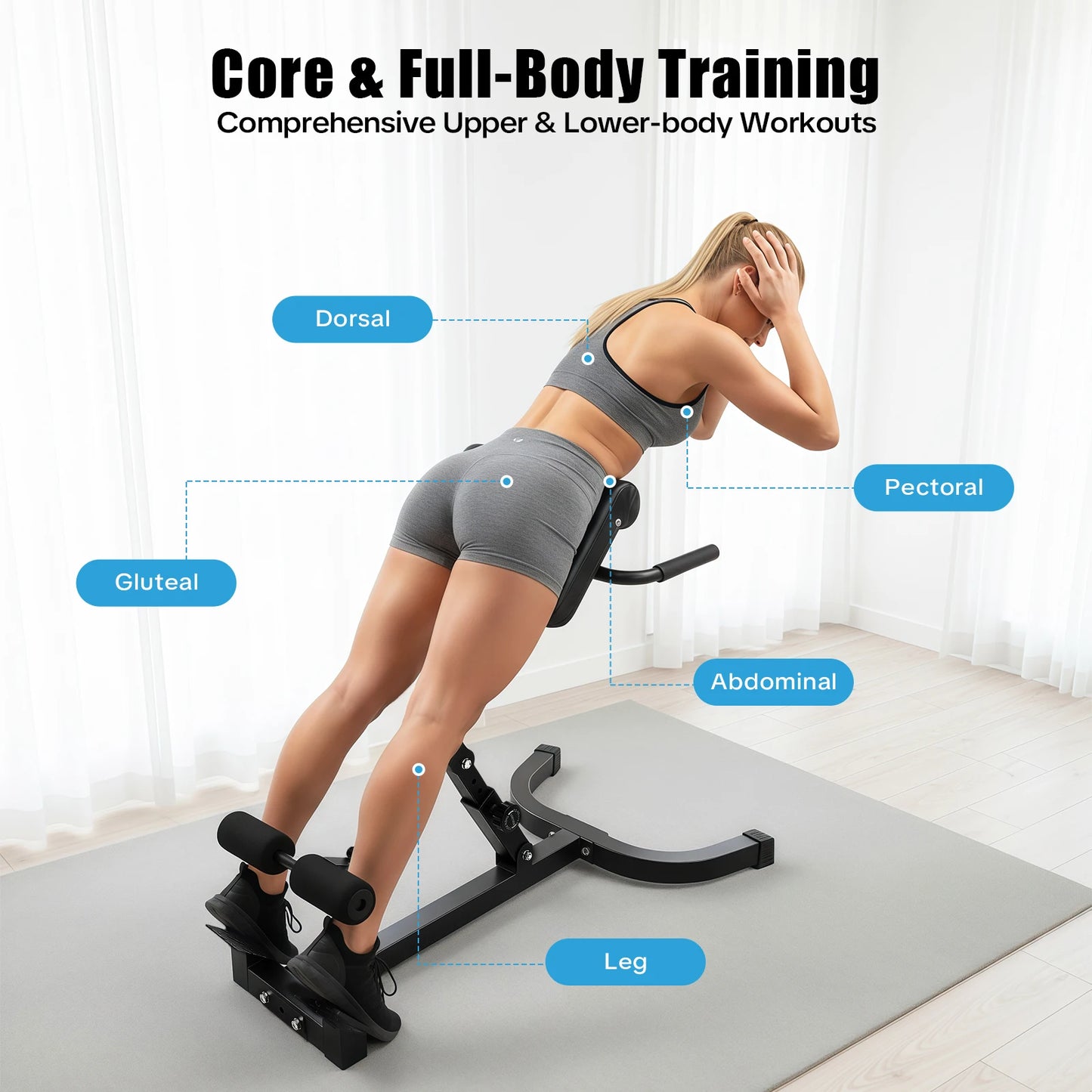 Back Extension Roman Chair Steel Frame Foldable Hyperextension Bench/5 Incline Angles 8 Adjustable Abdominal Pad Length