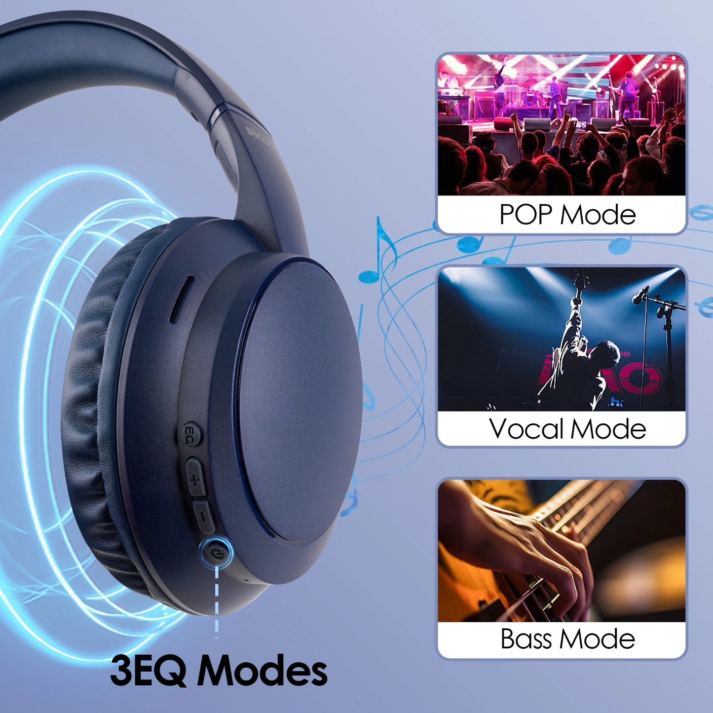 Siindoo JH-820 Wireless Bluetooth Headphones 60H Playtime 3 EQ Sound Modes/Newest Foldable Lightweight headset for Travel Study