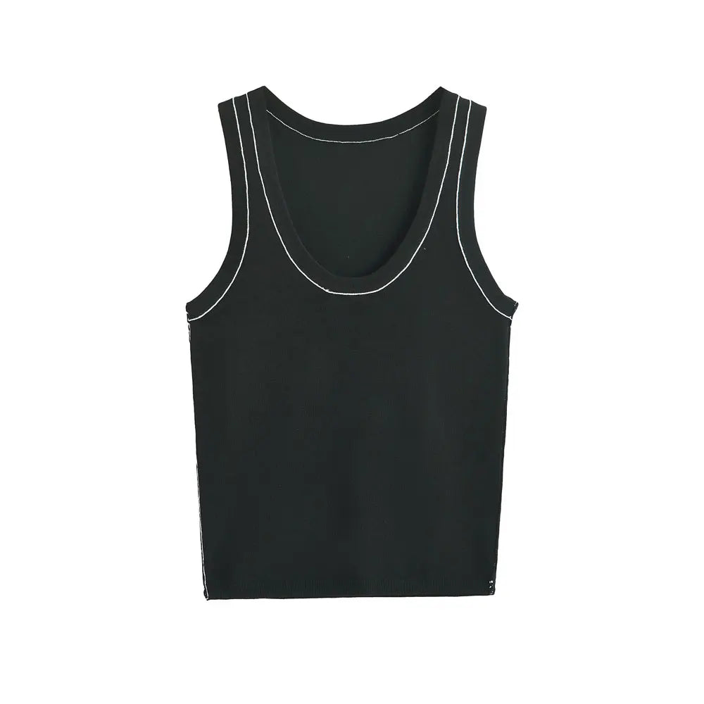 Women's Sleeveless Knit Tank Tops V Neck/Contrast Trims Female Vest Fashion