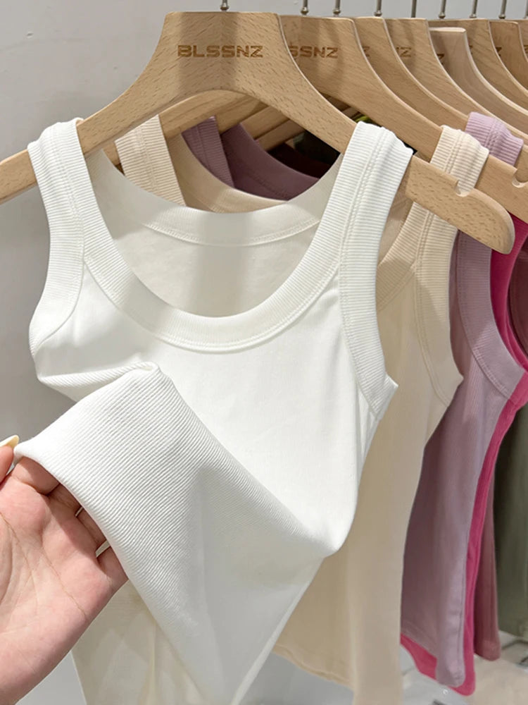 zjaiss Women Solid Round Neck Ribbed Tank Top Camisole Women/Summer Basic Elastic Tank Top O Neck Solid Tank Top