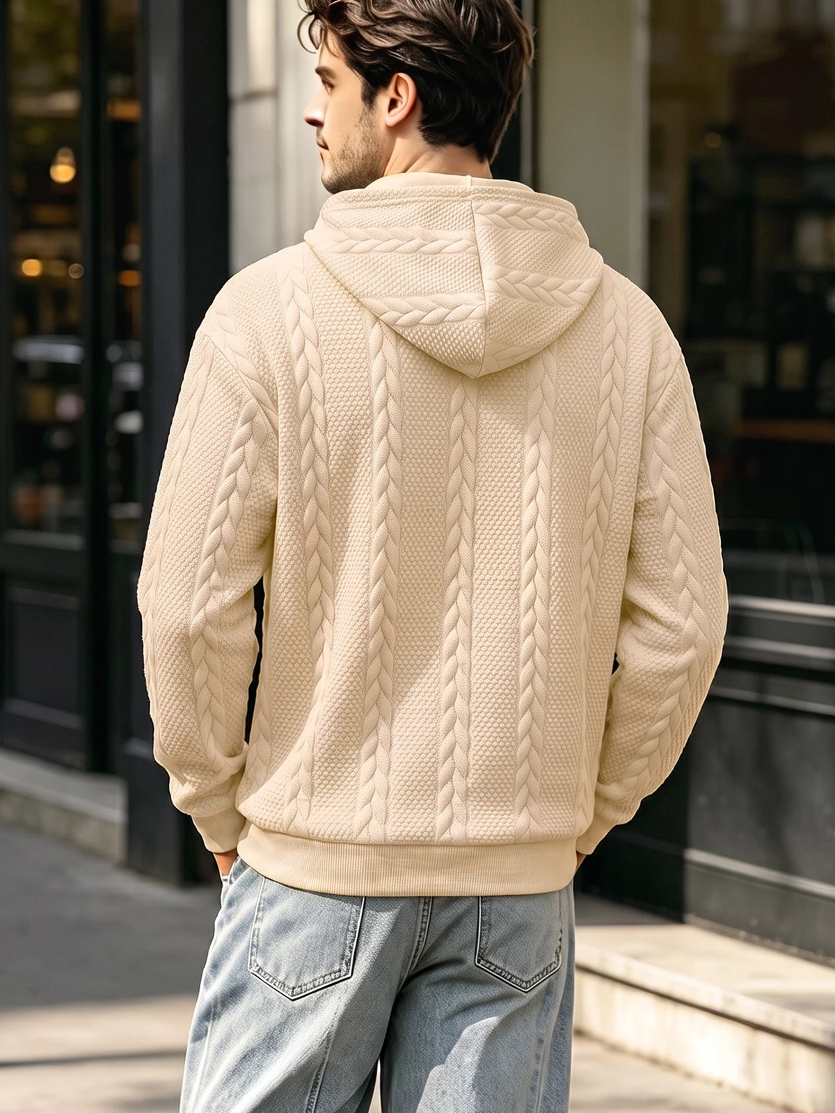 Men's Winter Warm Fleece Hoodie Cable Knit Textured Pullover/Hooded Sweatshirt Kangaroo Pocket for Gym Street Cold Weather Jacket