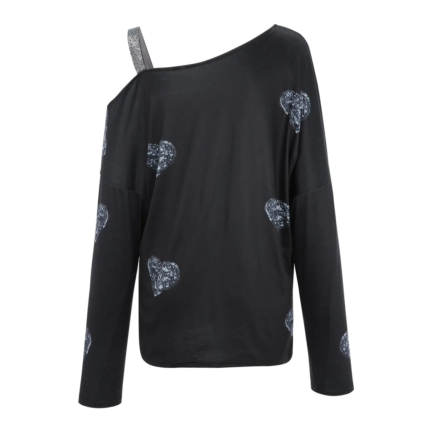 Fashion Heart Print T Shirt Women Spring Long Sleeves/Skew Collar Off Shoulder Tops Tee Shirt