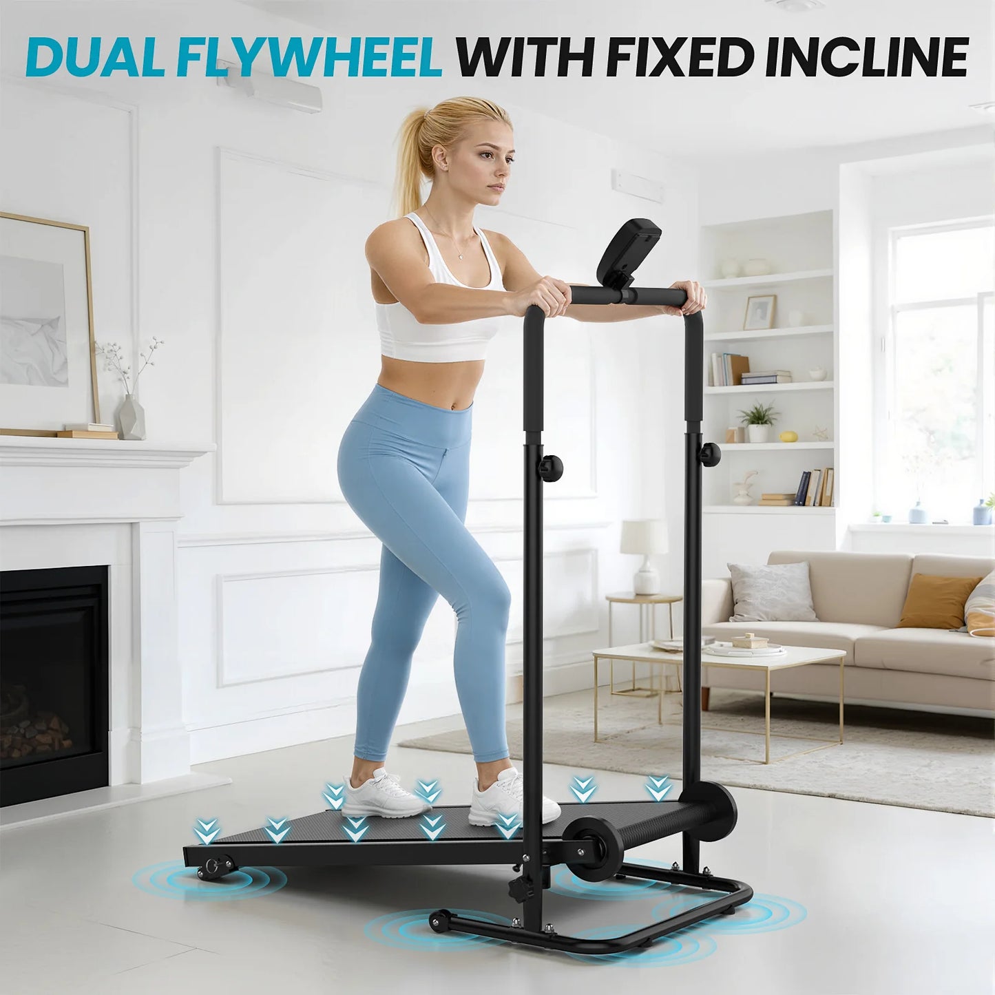 Akluer Non-Motorized Foldable Workout Treadmill/Dual Flywheel with Fixed Incline, LCD Monitor, Slip-Resistant Belt & Comfort Foam Grips