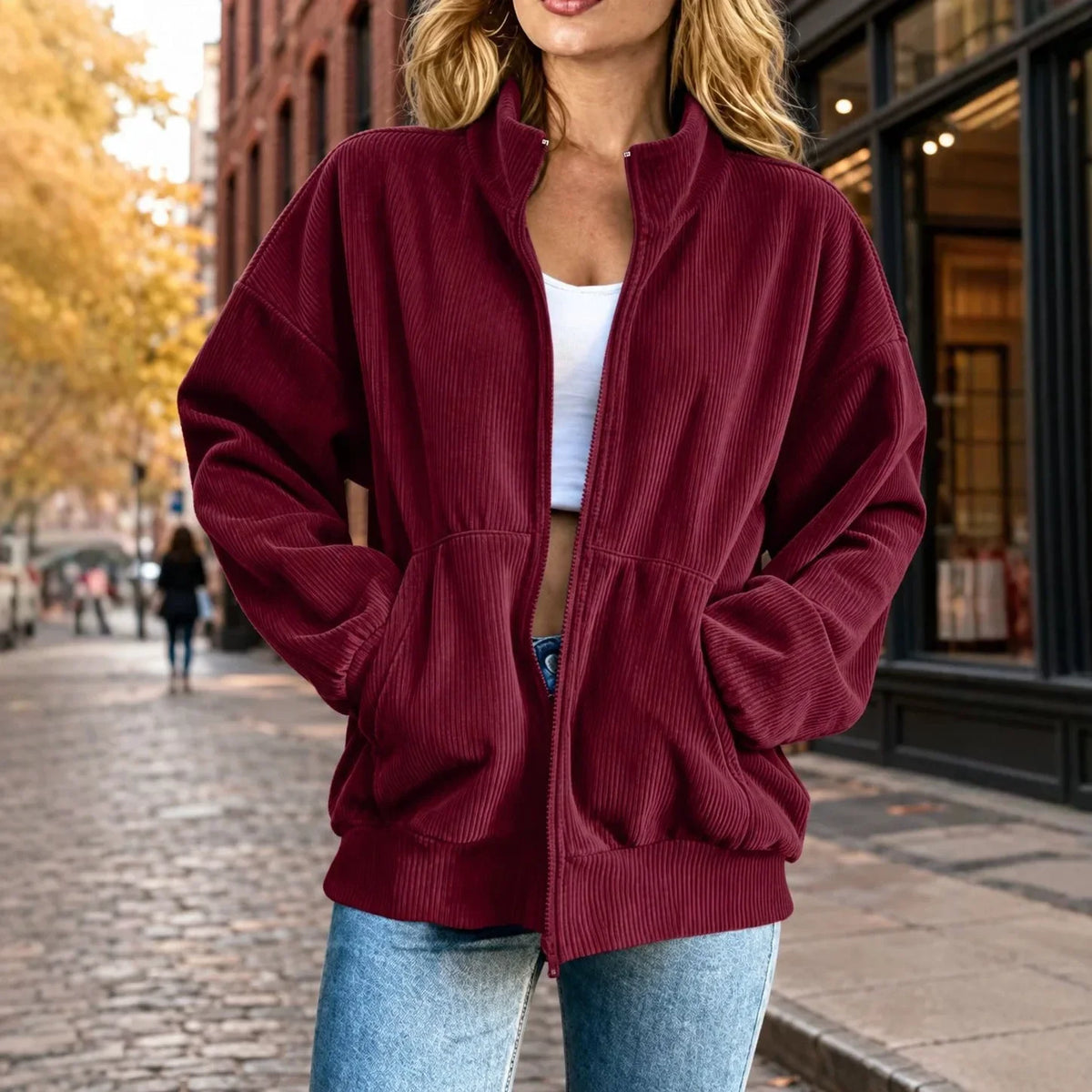 Fall/Winter Corduroy Women's Jacket/Loose Stand Collar Zipper Coat Workwear for Women