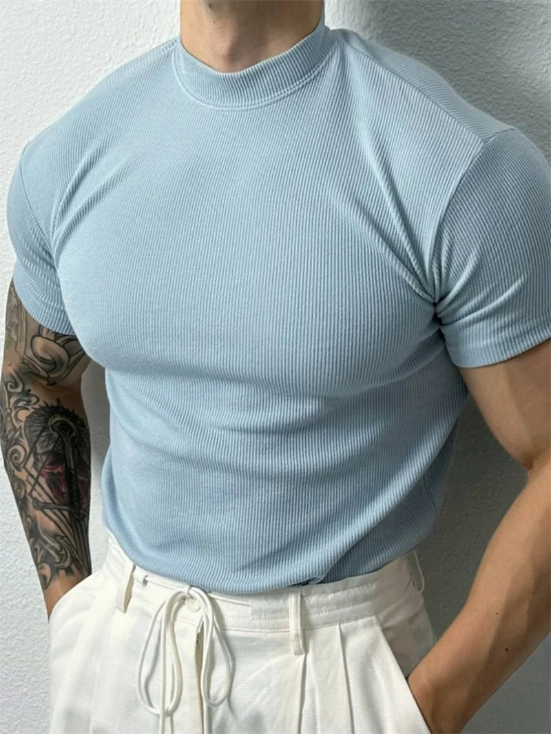 spring summer fashion Men's T-shirt Small high collar stripe shirt/short sleeve fitness top leisure sport T-shirt Men sportswear