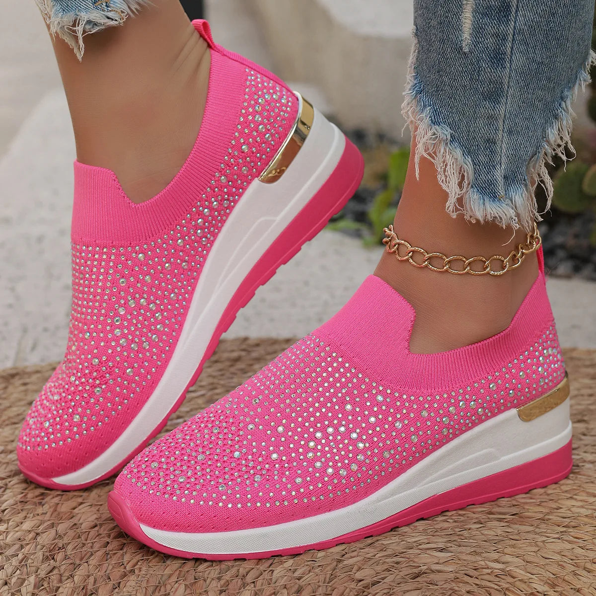 Orange Rhinestone Casual Sneakers Breathable Wedge Women/Lightweight Shoes Slip On New Comfortable Spring Mesh Sports Shoes