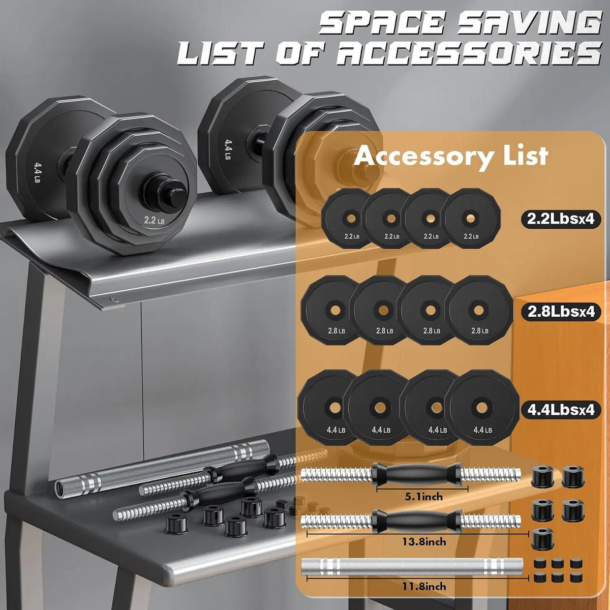 Weights Dumbbells Set Adjustable Dumbbell Sets 22Lbs 44Lbs 66Lbs 88Lbs/with Solid Steel Barbell Free Weight Set with Connector Workout