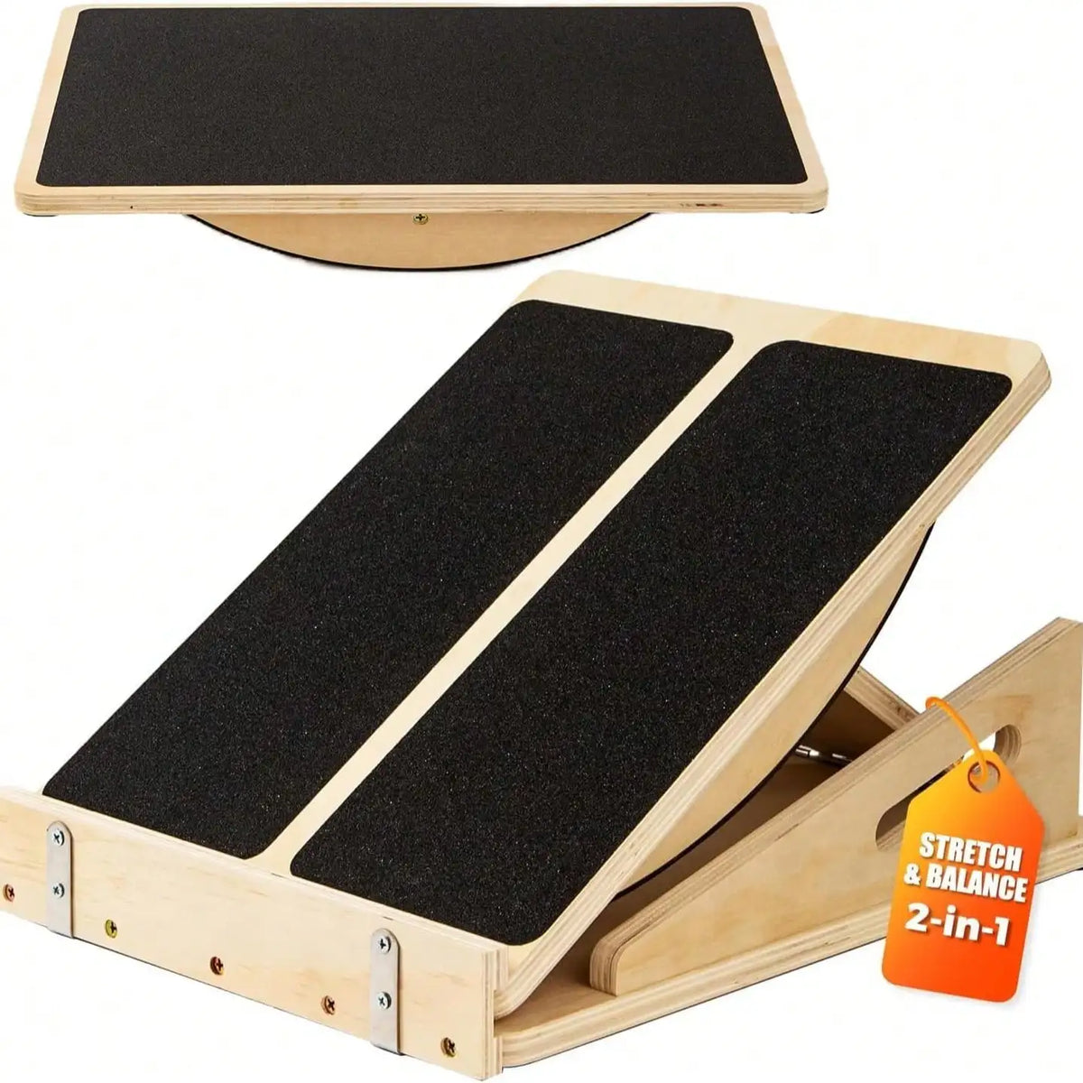 2 in 1 Wooden Balance Board & Calf Stretcher Slant Board/Adjustable Incline Ankle Stretch Board, Anti-Slip Wobble Board Foot Stretch