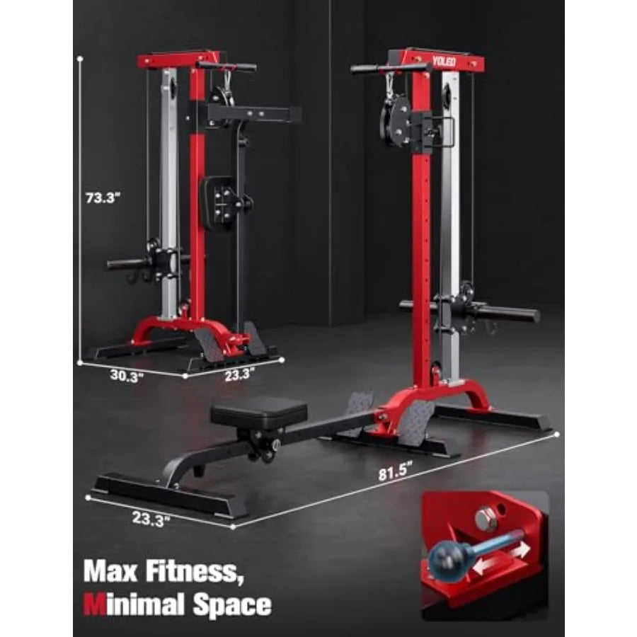 Home gym rowing cable machine LAT pulldown station steel frame/black 2-in-1 adjustable foldable design with 6 attachments