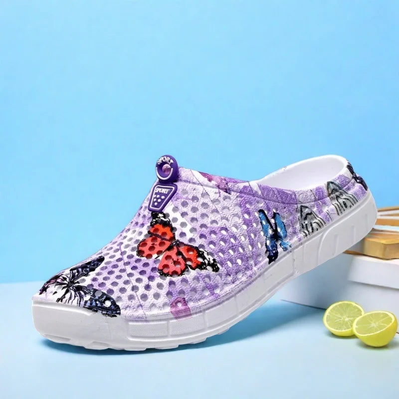 Women's Lightweight Slip-On Clog Shoes Butterfly Print Flat Bottom/Indoor Outdoor Beach Casual Sandals Comfortable Home Slippers
