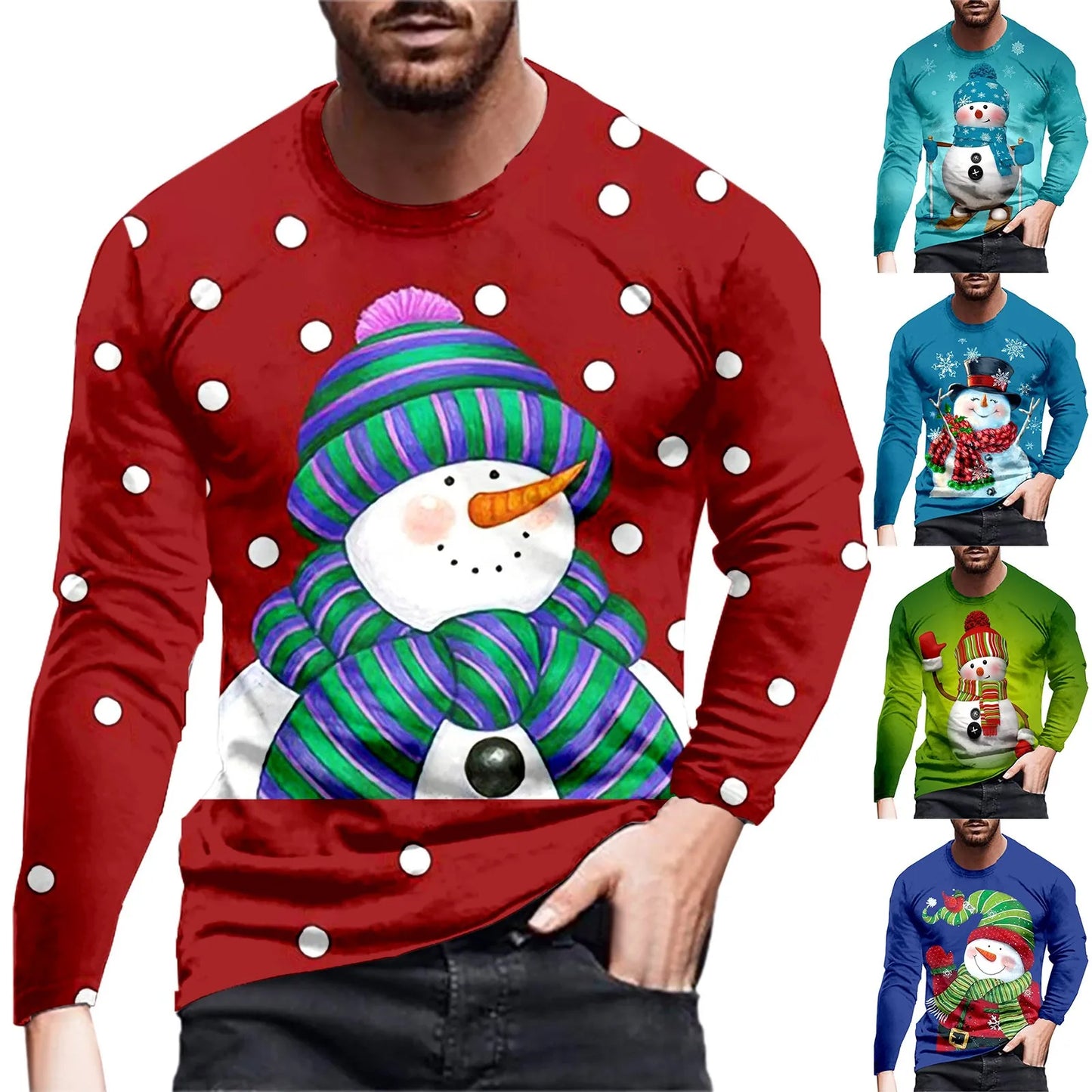 Mens Autumn And Winter Christmas Round/Neck T Shirt Special Christmas Snowman