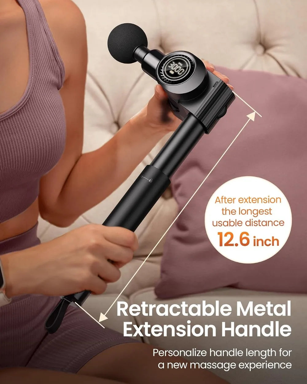 Foldable Massage Gun with Extension Handle 5 Adjustable Angles/Deep Tissue Back Massager 32 Speeds, 6 Heads, Quiet & Portable