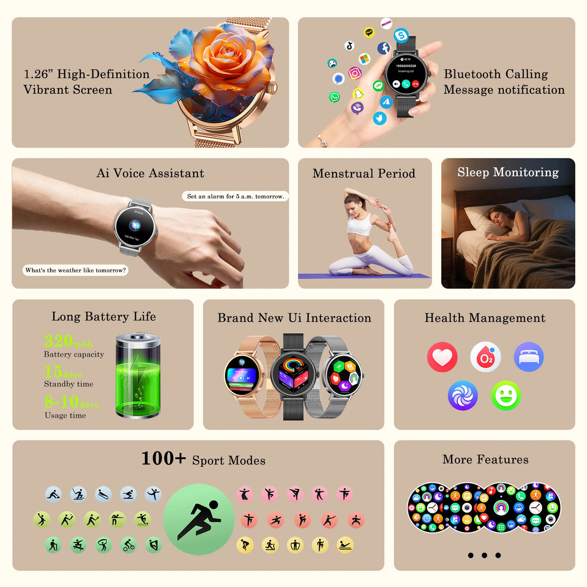 Blackview X30 Women's Smartwatch with Health Monitor Fitness Tracker/1.26” AMOLED Screen Bluetooth Smartwatch for Android IOS
