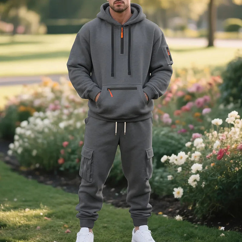 Men's sports suit style autumn and winter fleece men's casual/sportswear zipper sweater multi-pocket work pants suit