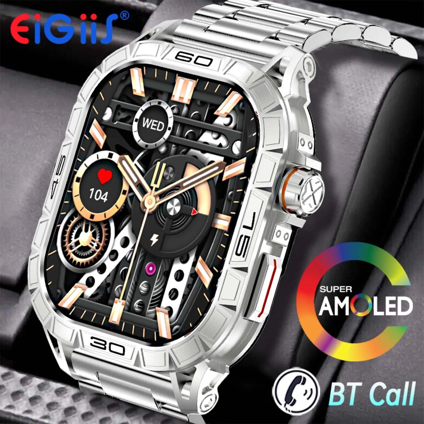 EIGIIS New Smart Watch ED Display 100+ Sport Mode With Compass/IP68 Waterproof Bluetooth Call Heart Rate Blood Pressure Men K63