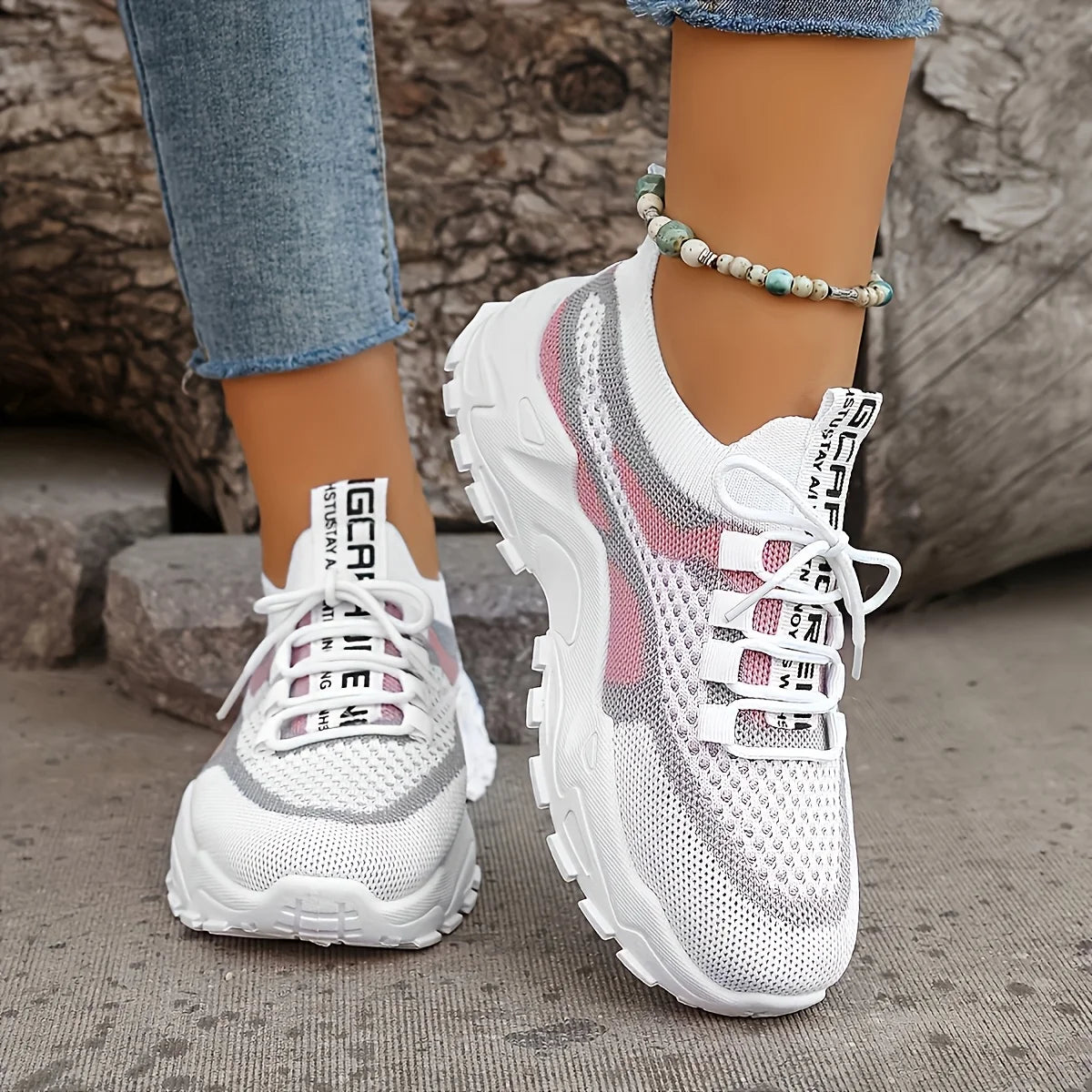 Ladies Breathable Mesh Patchwork Chunky Sneakers/Lace Up Height Increasing Platform Walking Shoes Non Slip Shoes