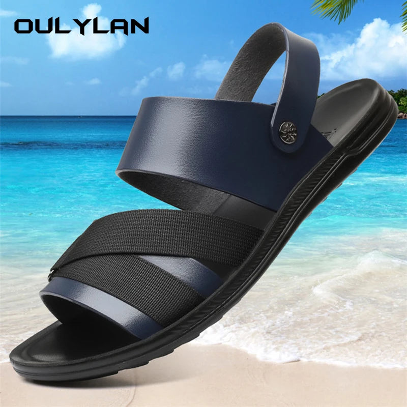 Oulylan Men's Summer Leisure Beach Sandals Outdoor Slides/Walking Comfortable Lightweight Leather Fashion Shoes