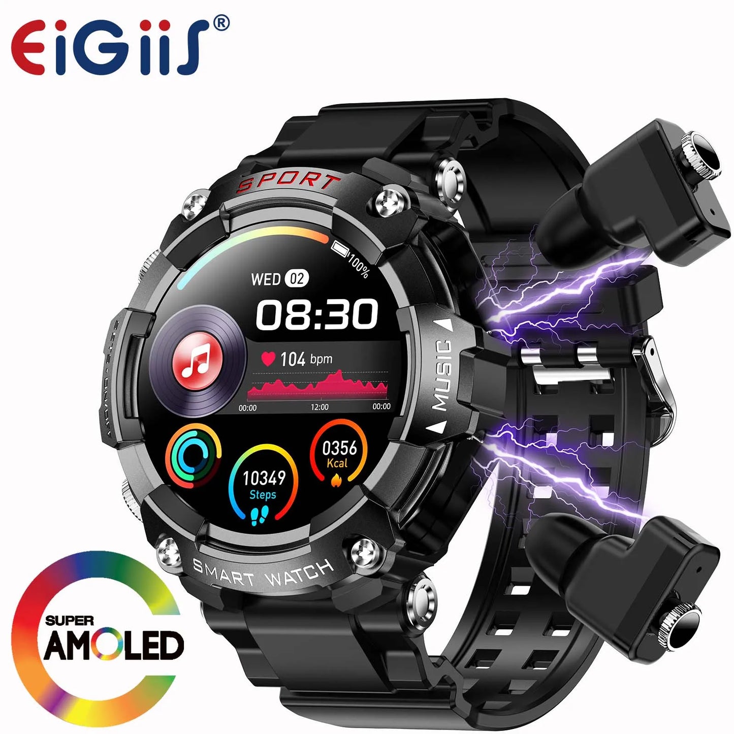 LaNikar Smart Watch AMOLED Display With In-Ear Bluetooth Headset/Heart Rate Blood Pressure Oxygen Saturation Monitoring HD Audio