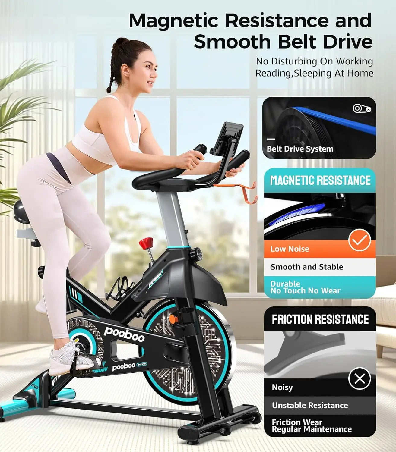Exercise Bike, Adjustable Magnetic/Brake Pad Resistance Silent Belt Drive/Indoor Cycling Bike for Home Cardio Fitness Station