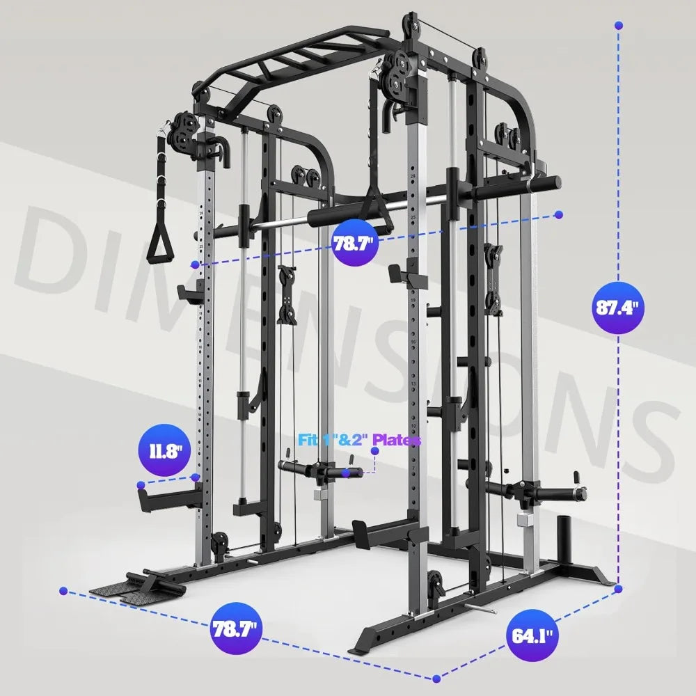 Multifunctional Power Cage Rack with Smith Bar and Cable Pulley System/and LAT Pull Down Machine, Integrated Fitness Equipment