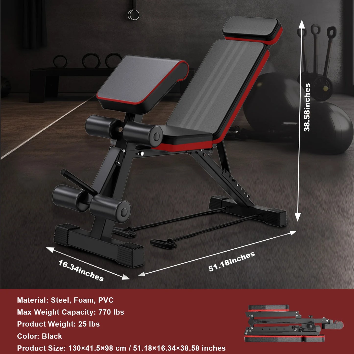 Adjustable Weight Bench 7-Level Foldable with Extended Headrest/Leg Extension Incline Decline Bench 770 lbs Full-Body Strength