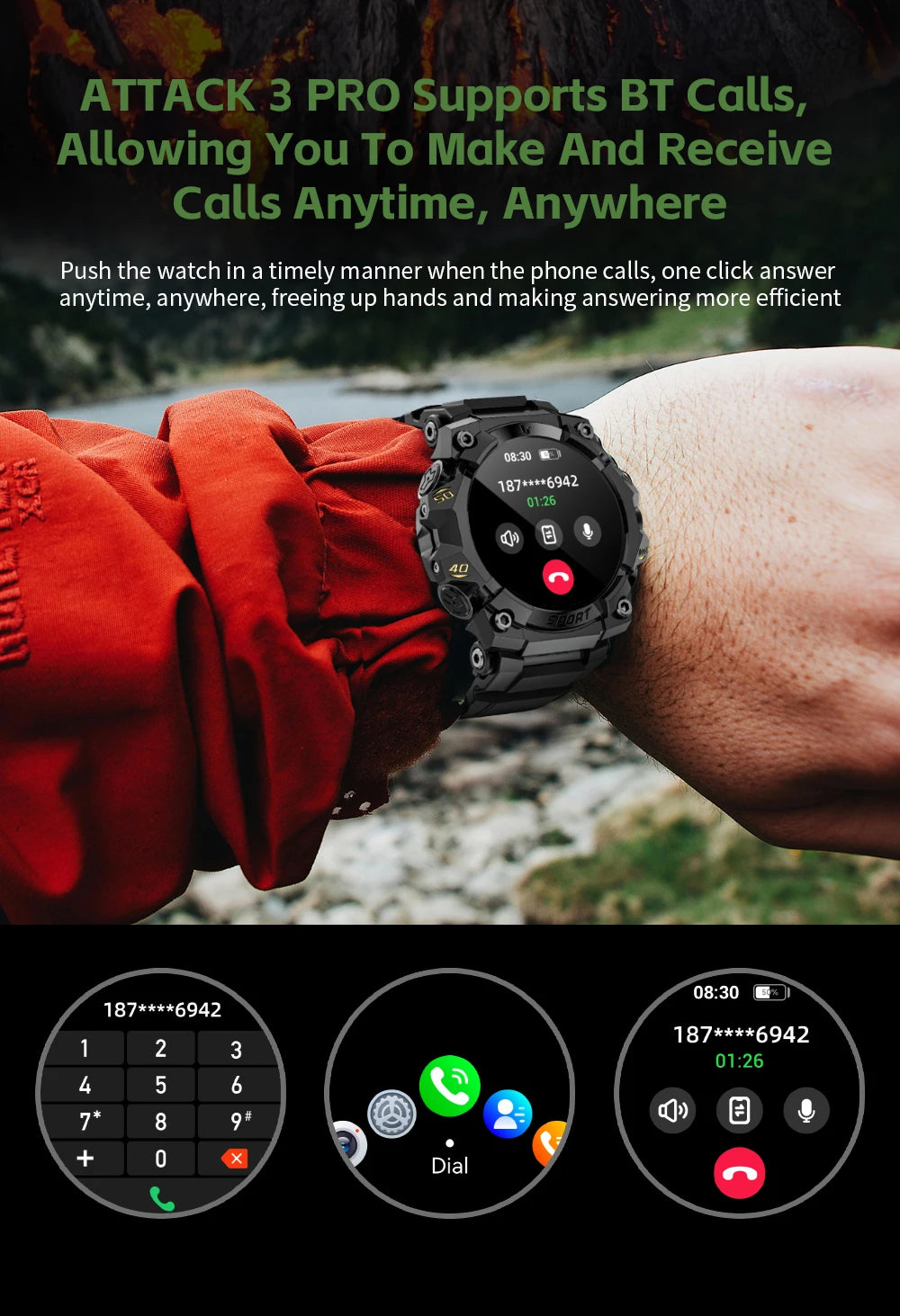 LOKMAT New Rugged Smart Watch Bluetooth Calls Wristband/Fitness Tracker Flashlight Message Push Heart Rate Monitor for Phone
