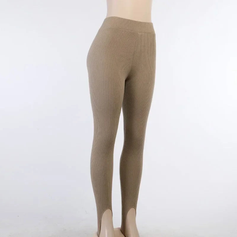 Beige Ribbed Knit Leggings Women High Waist Cotton Fitness Basic Pants/Casual Spring New All-Match Female Skinny Leggings