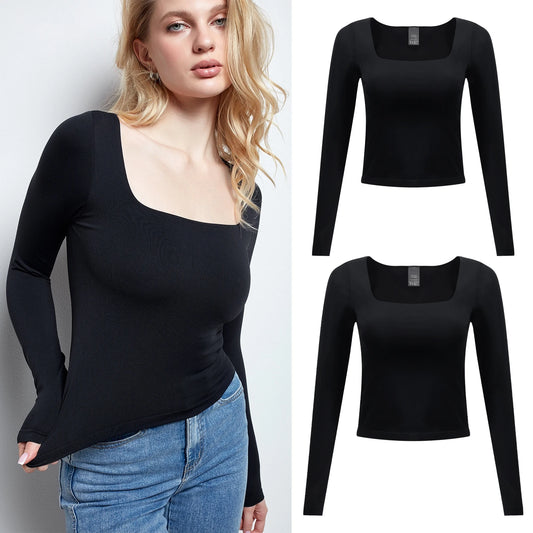 Women Black Crop Top Long Sleeve Square Neck/Slim Fitted Y2K Casual Workout Basic T-Shirt Tops