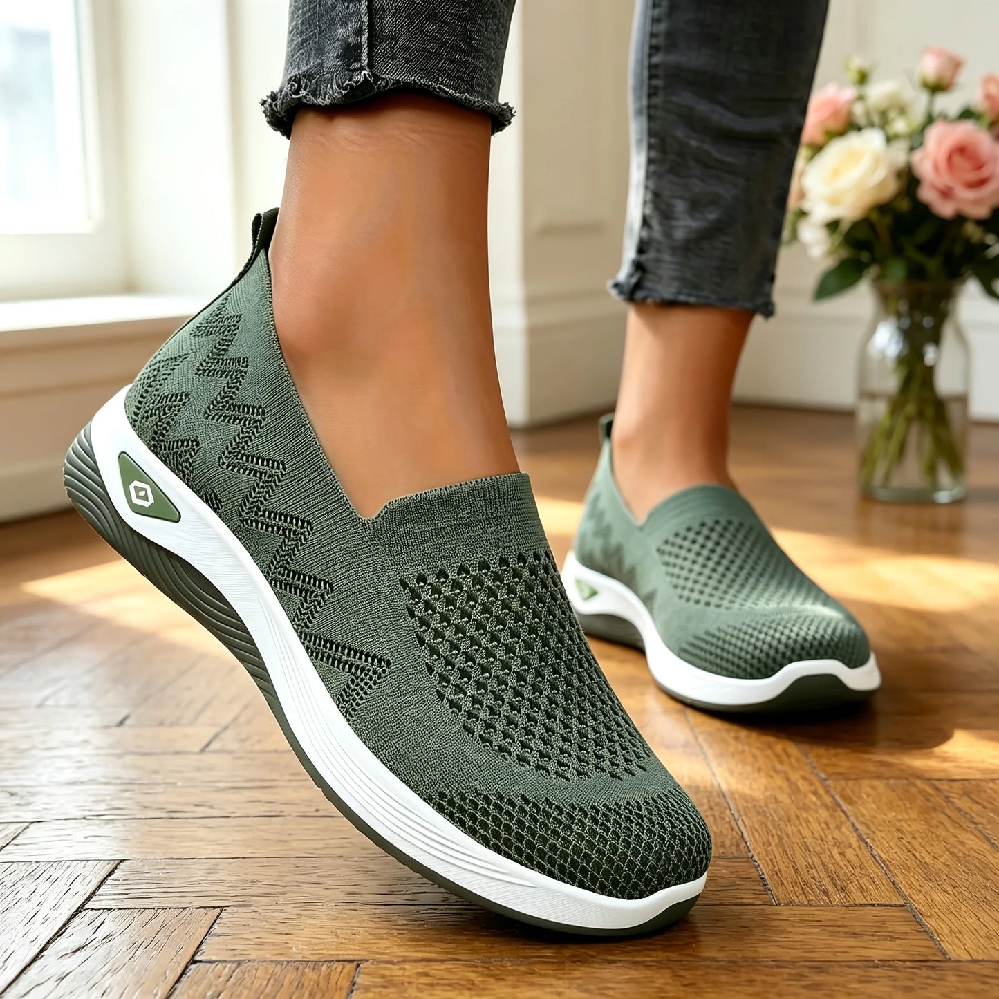 Women Hollow Flying Knit Slip On Wedge Walking Shoes Breathable Mesh/Lightweight Cushion Platform Non Slip Soft Sole Comfort Loafers