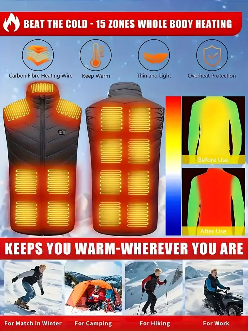Men's Dual Control 15-Zone Vest Separate Front and Back/Heating Control Three Temperature Settings Winter Warm Outerwear