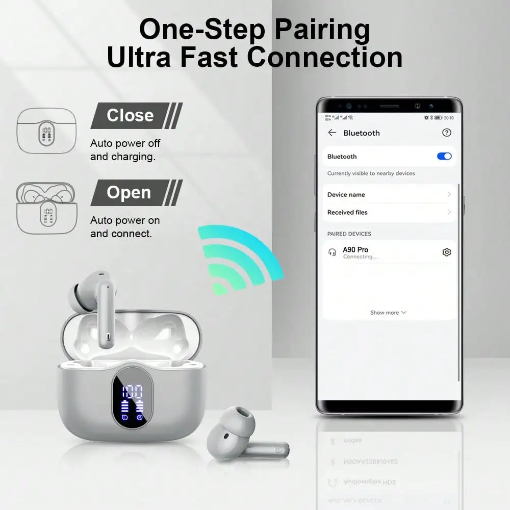 Ordtop Wireless Earbuds Bluetooth Headphones 48H Playtime Ear Buds/With LED Power Display, IPX7 Waterproof Bluetooth 5.4 Earphones