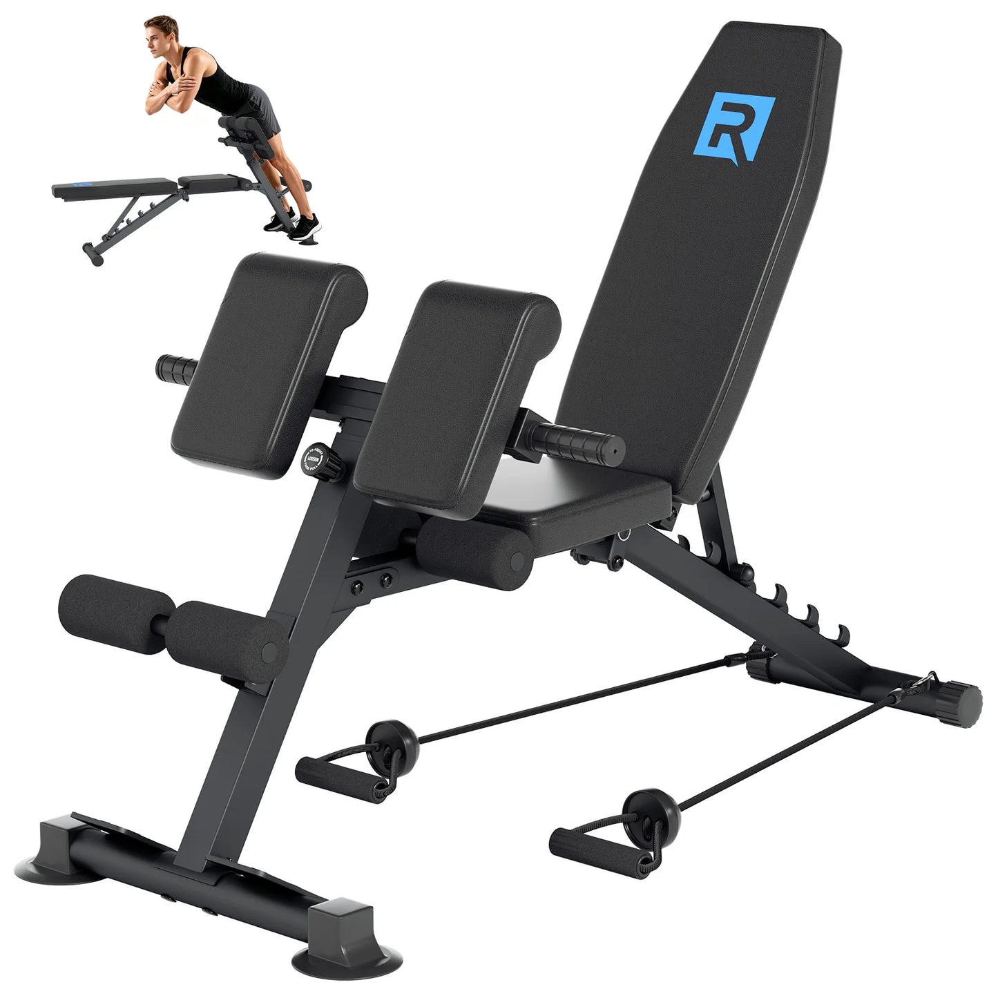 All-in-One Home Gym Roman Fitness Bench Commercial Grade/Stable Triangle Support 2 Pull Resistance Bands Non-Slip Bench