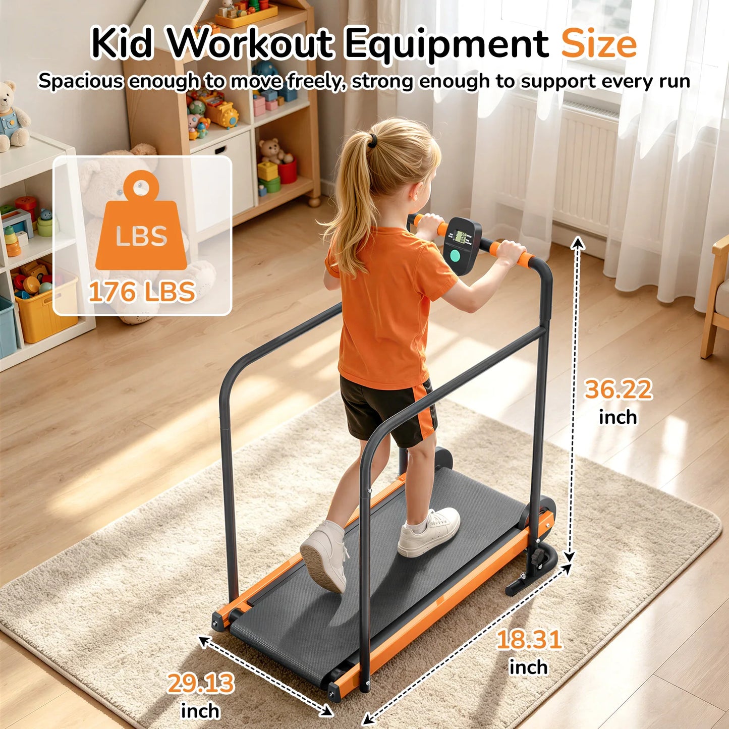 AKLUER Kids Walking Pad Treadmill Non-Electric Indoor Exercise Equipment for Boys & Girls Self-Propelled Fitness Toy with Front Padded Railing