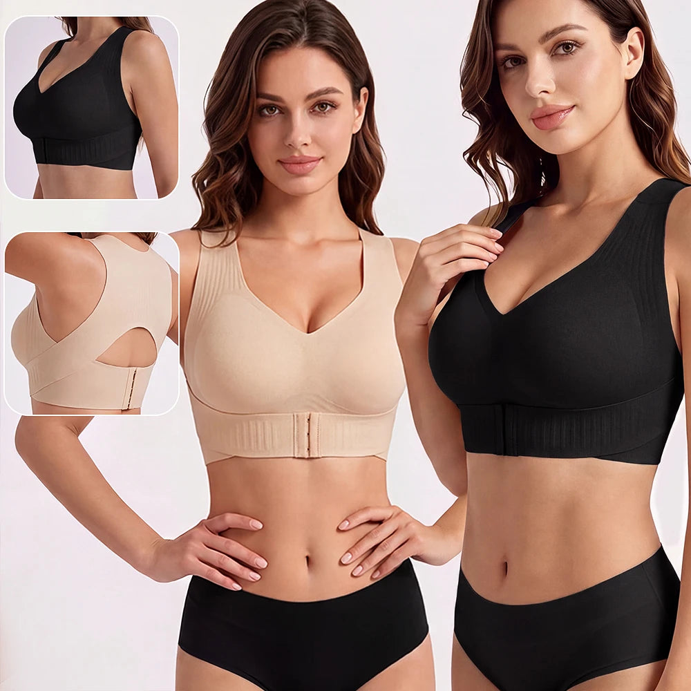 Women Wireless Posture Bra, Front Closure Cross Back Design/Wide Strap Full Coverage Back Support Comfort Daily Underwear