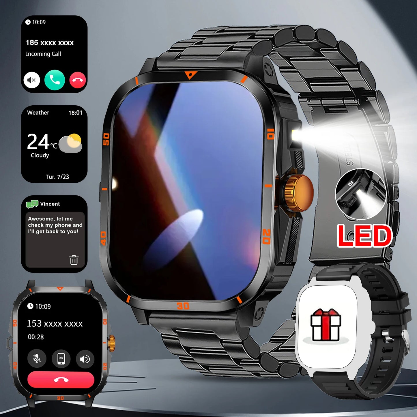 Smart watch full touchscreen sports watch Bluetooth calling/with flashlight unisex compatible with Android and iPhone