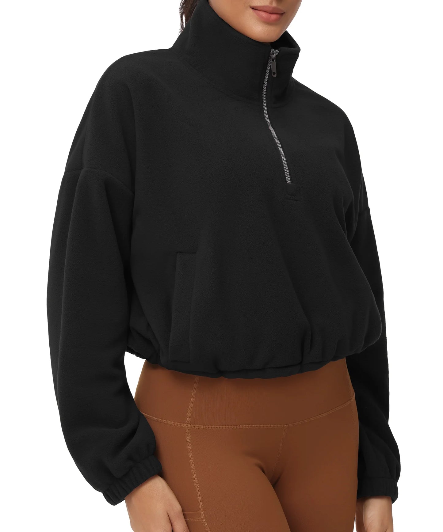 THE GYM PEOPLE Women’s Half Zip Crop Pullover Sweatshirt Fleece/Loose Fit Workout Tops with Pockets Drawstring
