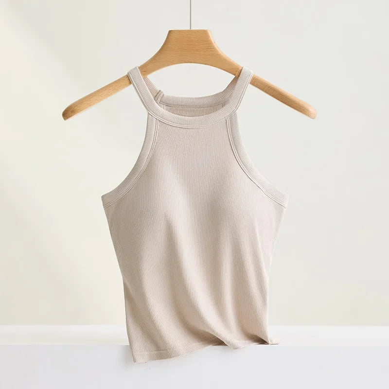 Threaded Halter Neck Camisole Top With Build-in Bra High Elastic/Slim-fitting Sling Fixed Cup Breathable Women Tank top