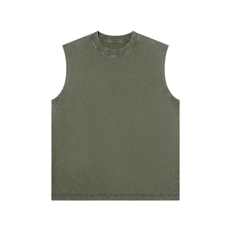 230g Pure Cotton European and American High Street Retro Washed/Distressed Sleeveless Vest Men's Casual Loose Shoulder T-shirt
