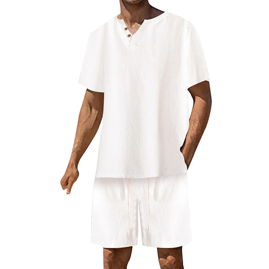 Men's Short Sleeve And Shorts Set Summer Cotton/Linen Solid Color T Shirt 2 Piece Suit Mens T Shirt