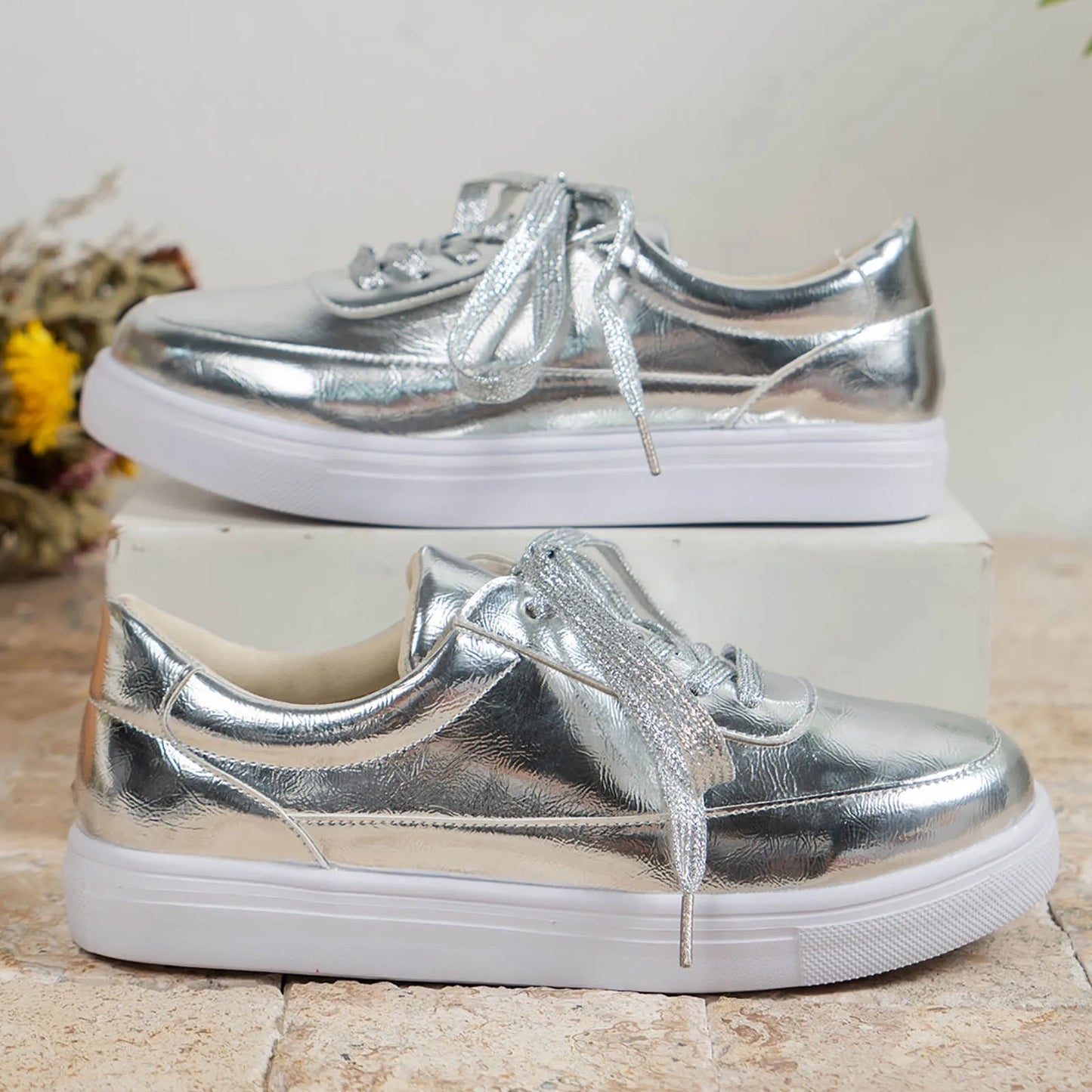 Silver Boat Shoes For Women Thick Platform/Casual Sneakers Height Increasing Lace Up Footwear