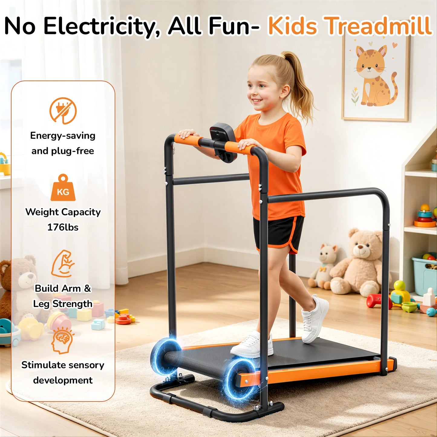 AKLUER Kids Walking Pad Treadmill Non-Electric Indoor Exercise Equipment for Boys & Girls Self-Propelled Fitness Toy with Front Padded Railing