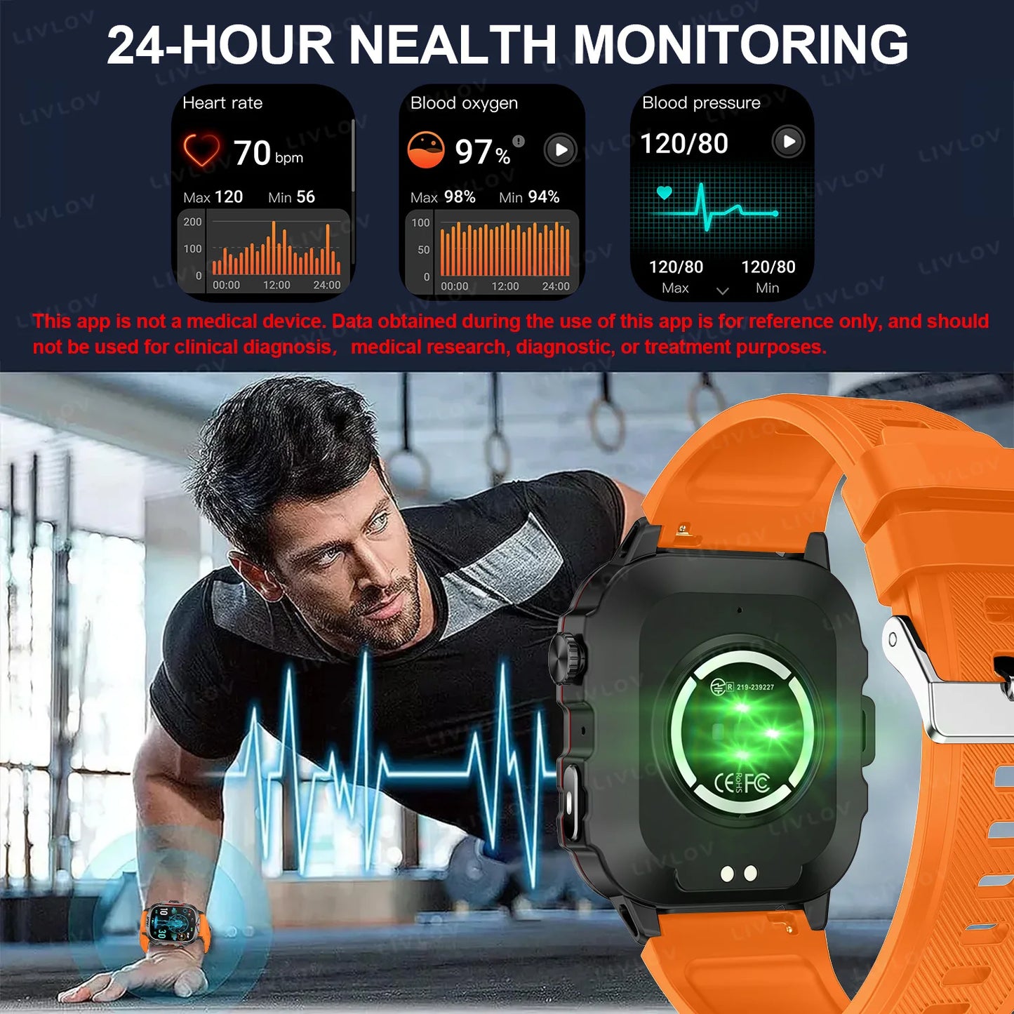 Strong Flashlight Smart Watch for Men/Women, 1.96'' Screen Fitness Tracker/with AI Voice Assistant/ Bluetooth Call/ 100+Sports