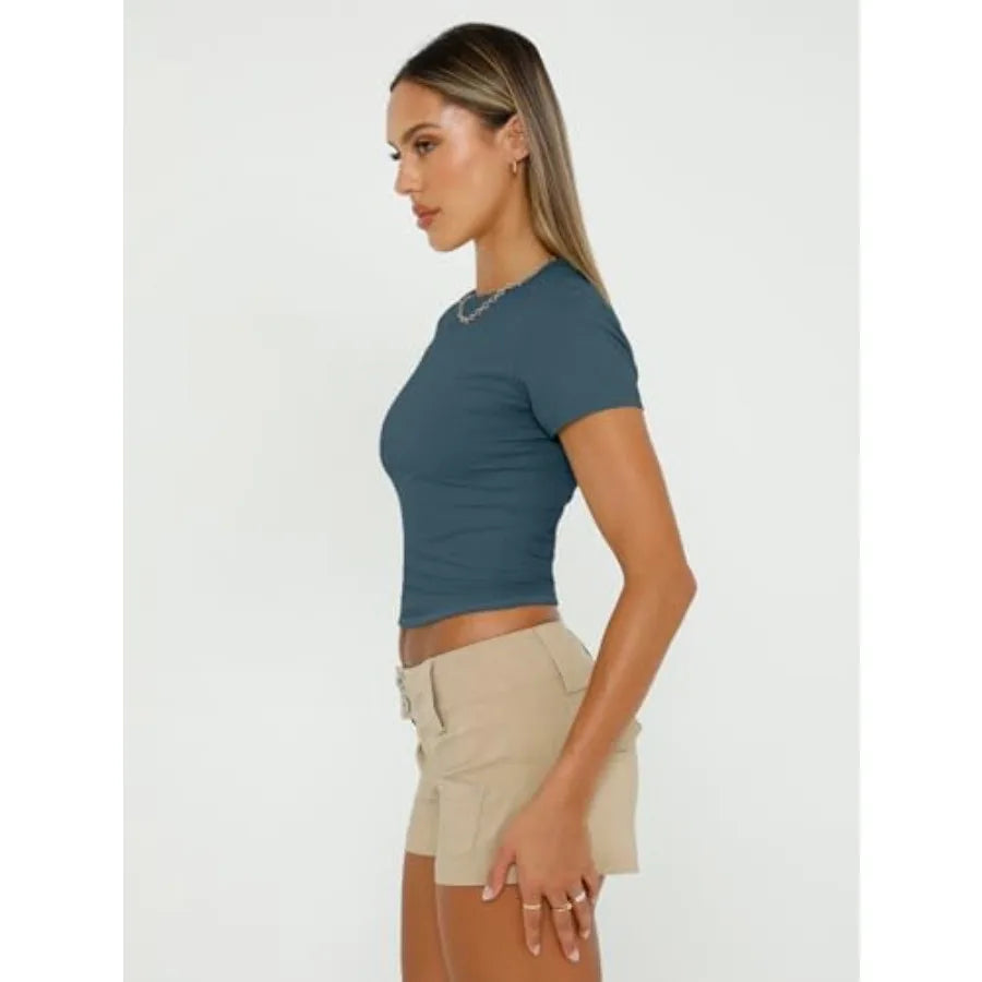 Women's 3 Pcs Short Sleeve Shirts Basic Going Out/Slim Fitted Crop Tops 2026 Summer Y2k Spring Clothes