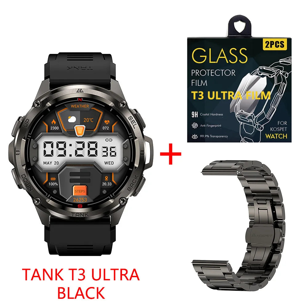 KOSPET TANK T3 Ultra GPS Smart Watch For Men Altimeter Compass/Barometric 470mAh 60 Days Battery Bluetooth Call IP69K Waterproof