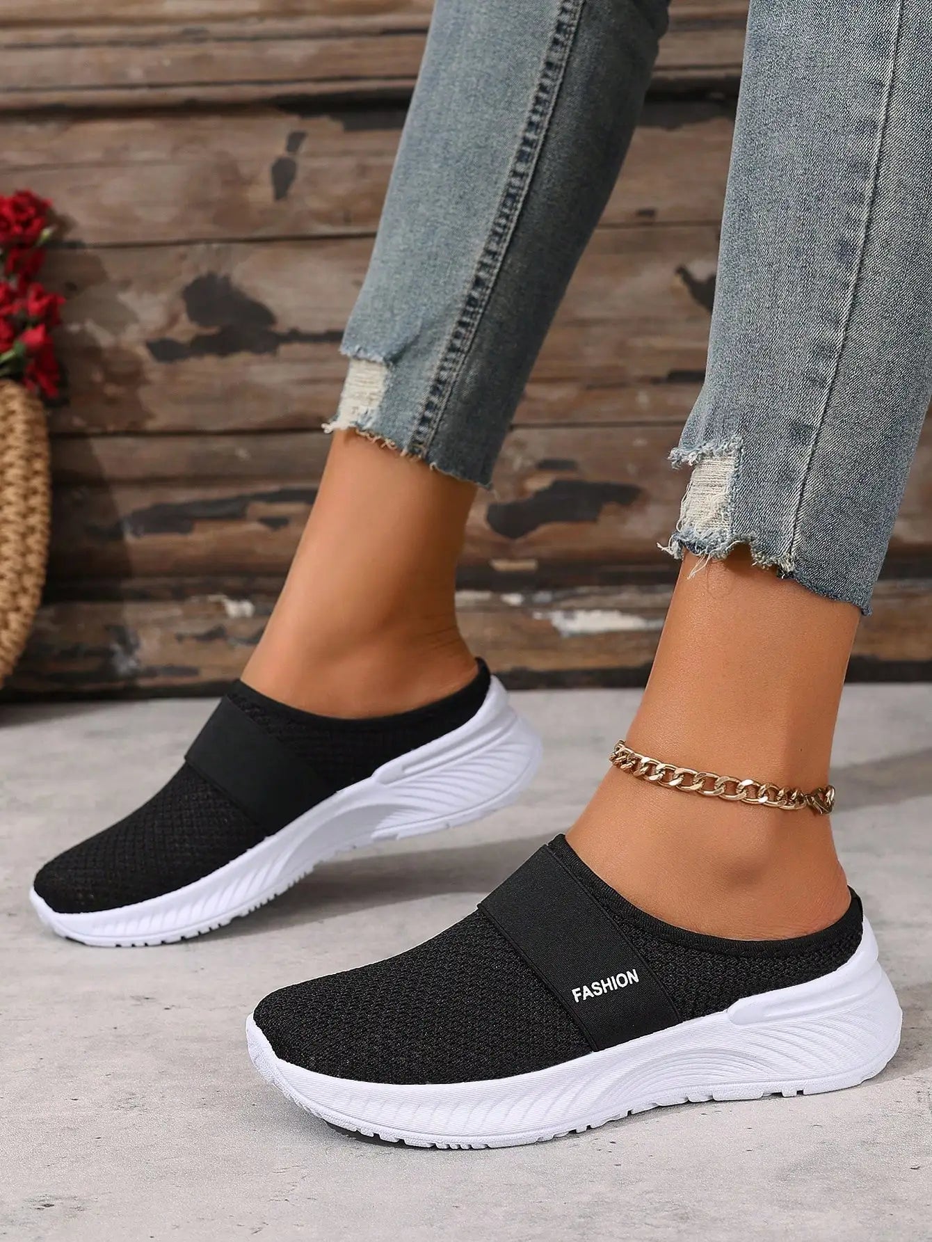 Women's Closed Toe Slip On Sneakers, Breathable Knit Mesh/Comfort Shoes Air Cushion Platform Walking Shoes for Daily Use