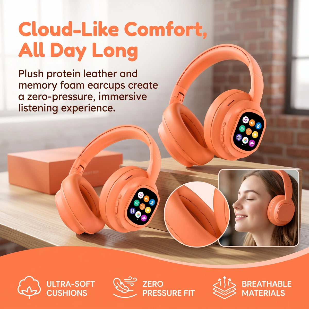 Over‑Ear Bluetooth Headphones with Detachable Magnetic Touch Screen/Noise Cancelling, Hi‑Fi Stereo Sound, Foldable Headphone for Phone